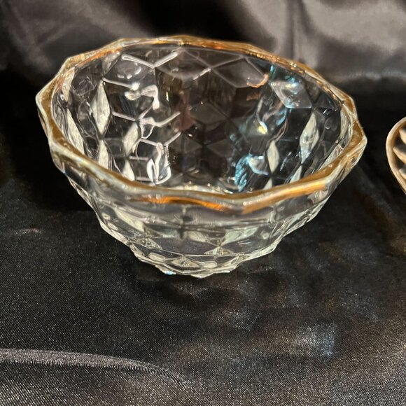 VTG Jeannette Glass Cube Cubist Pattern Mayonnaise Bowl and Underplate Gold Rim - Picture 4 of 13